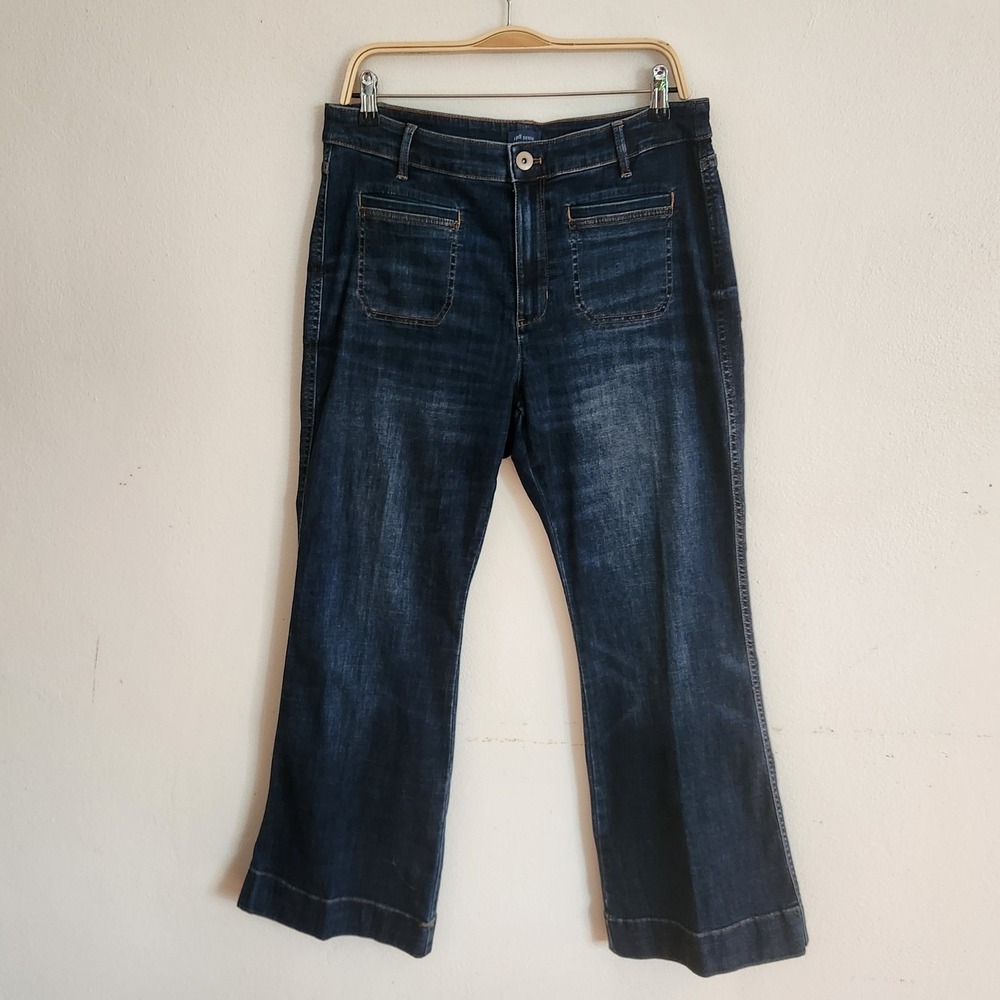 J Jill Denim Curvy High Rise Flare Jeans 14 Petite Blue Dark Wash